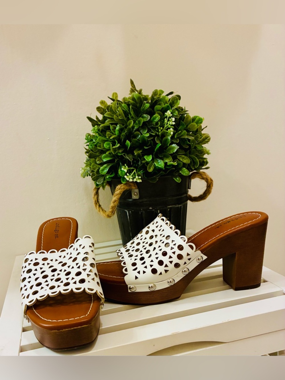 Indigo Brown Block Heel Sandals with White Laser-Cut Straps🌸